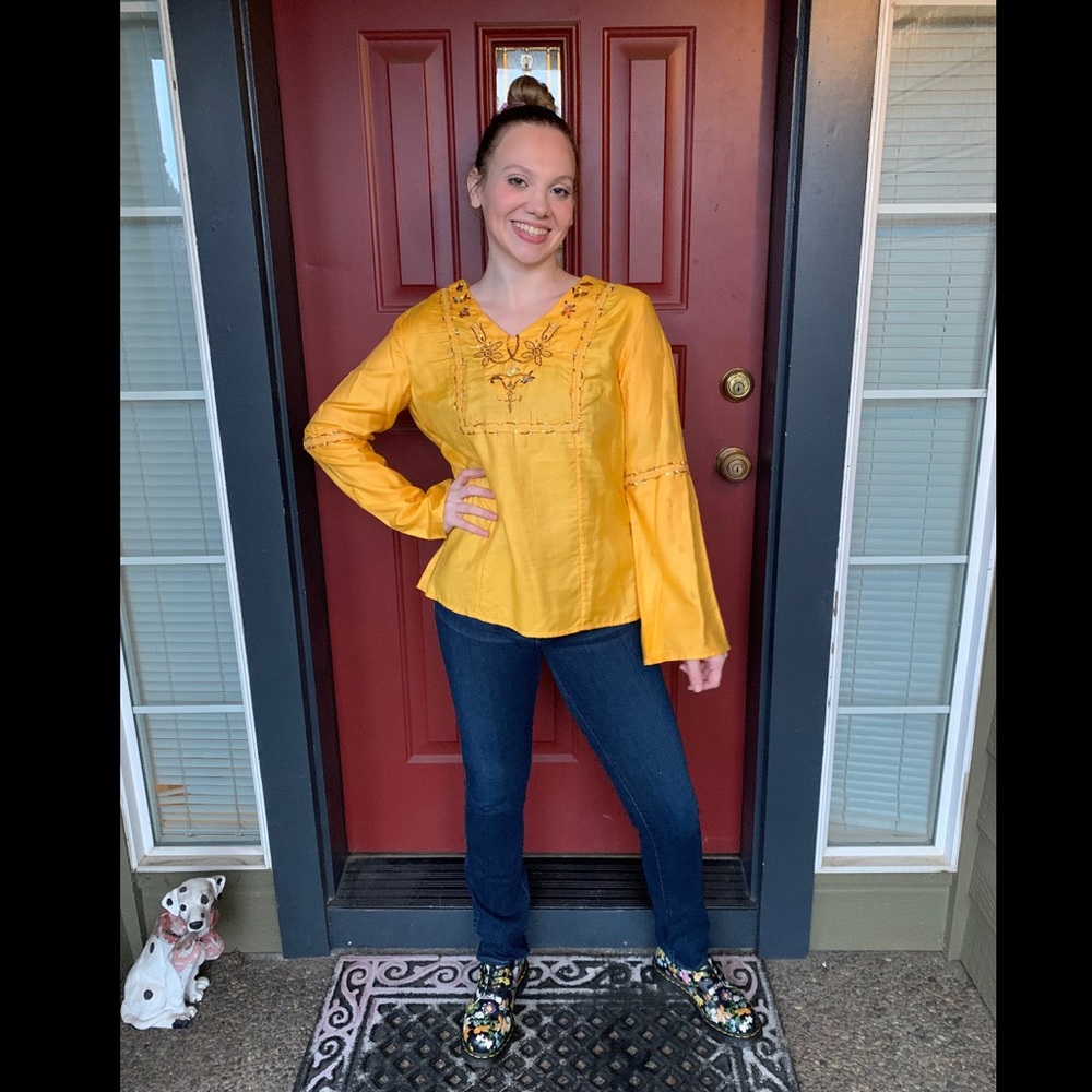 1990s BILL BLASS Tunic Top Yellow Bohemian Silk Rayon Blouse sz S Small Summer